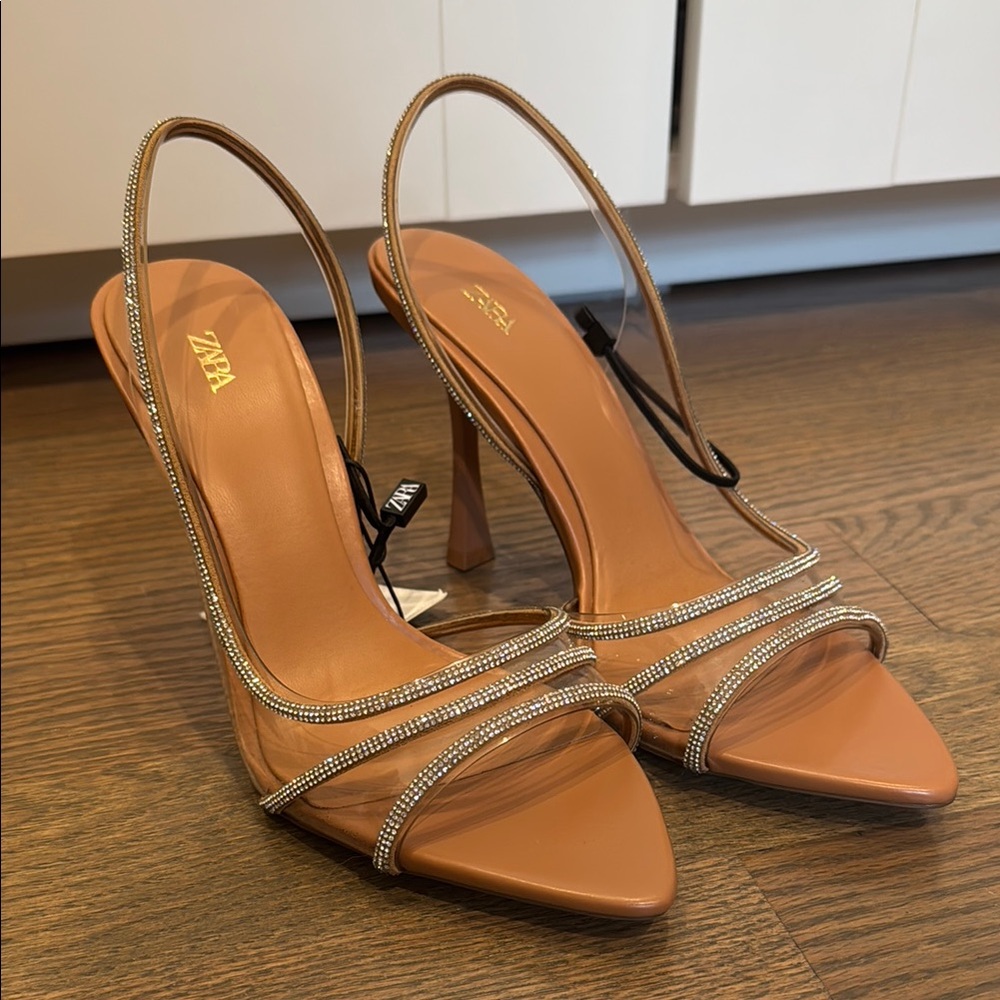 Zara Tan Heels with Crystal Embellishments